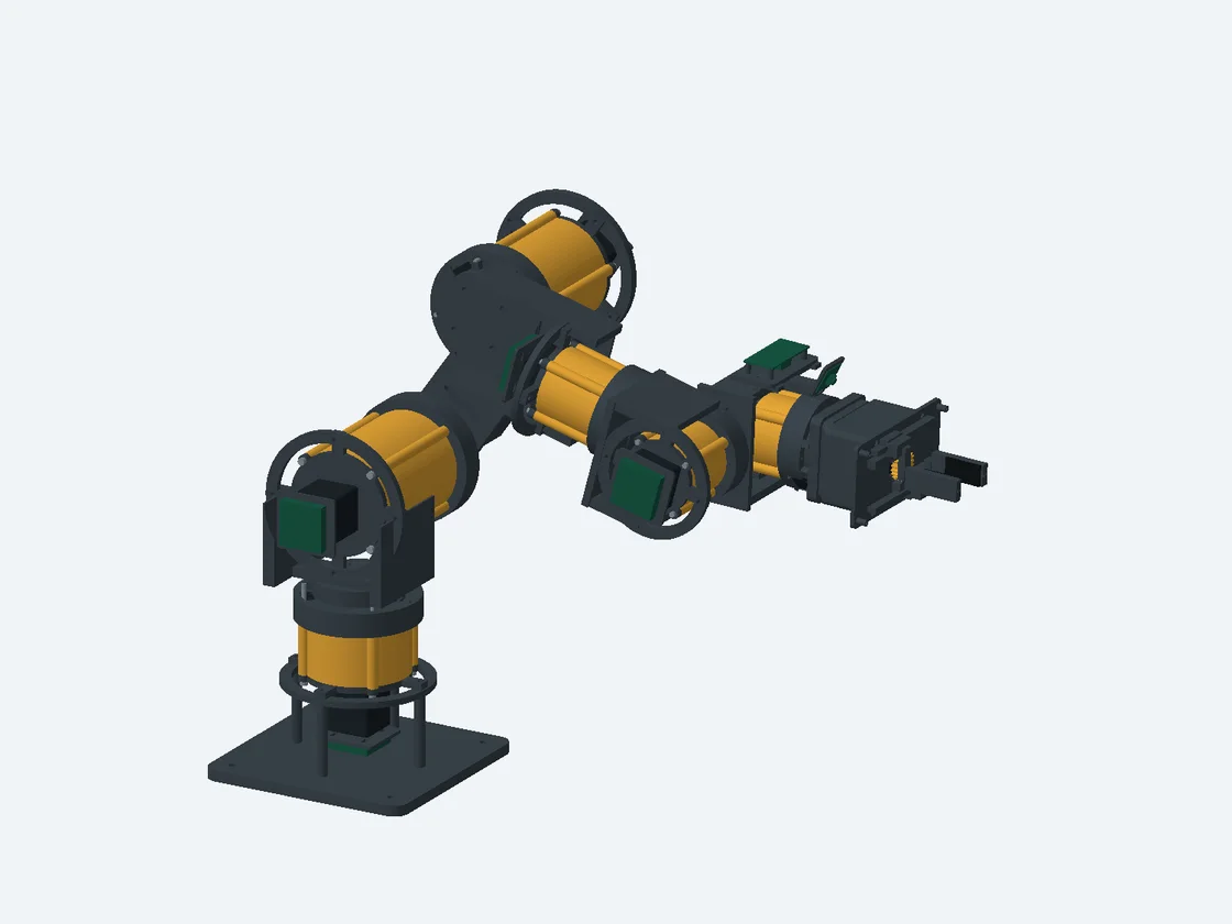 CAD render of the arm with its covers removed, showing the planetary reducers and motors