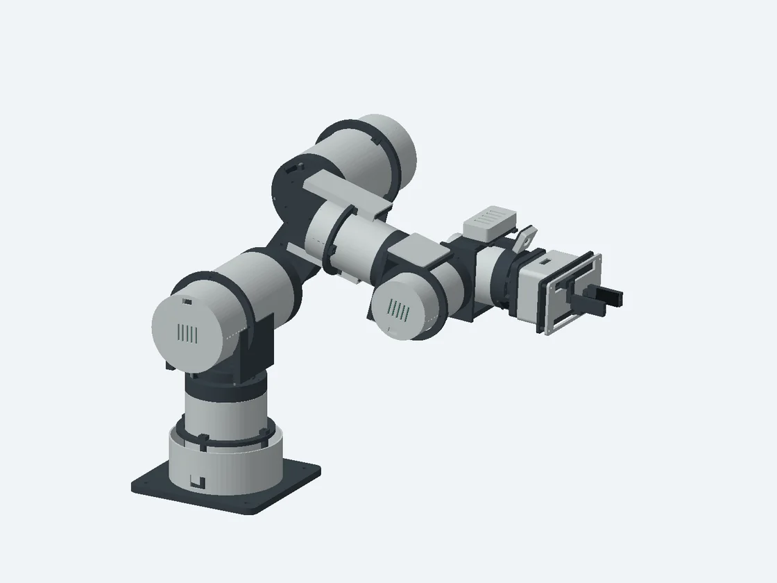 CAD render of the six-axis robot arm on its base plate
